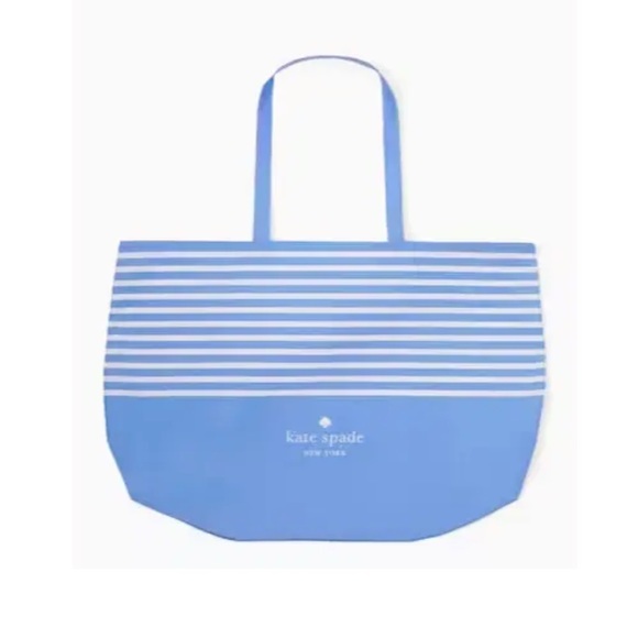 NWT Kate Spade Large Canvas Shopper Beach Foldable Tote Bag Stripe‎ Blue & White - Picture 2 of 6